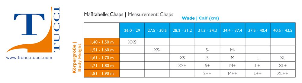 Tucci Half Chaps (mini chaps) sizing Chart