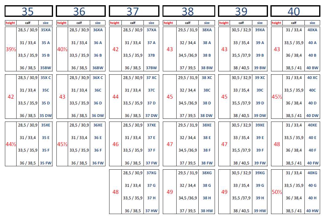 Tucci Time Size Chart for Tall Boots for Shoe Sizes 35-40