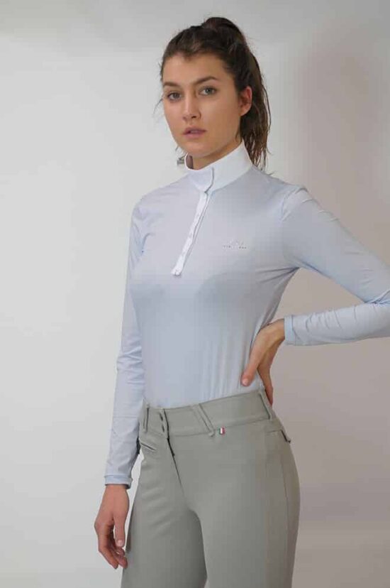 For Horses Ladies Technical Show Shirt Long Sleeves "Sirio" in Light Blue Pois