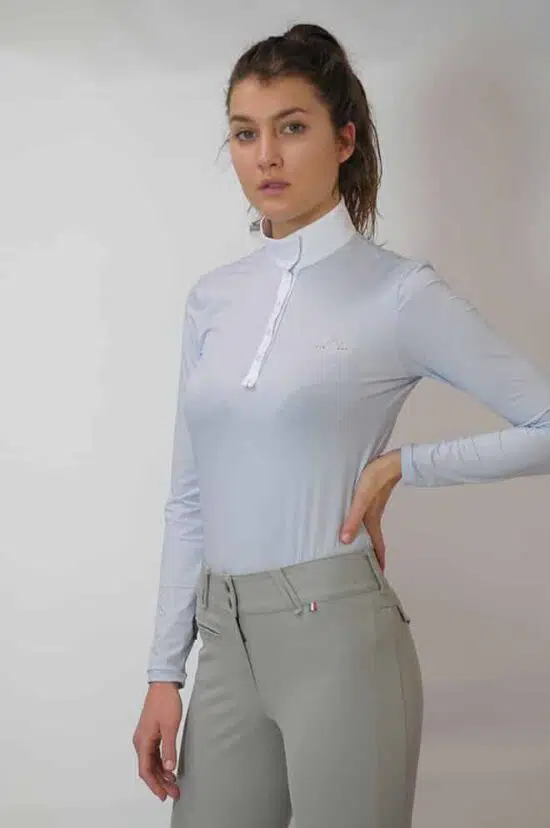 For Horses Ladies Technical Show Shirt Long Sleeves "Sirio" in Light Blue Pois