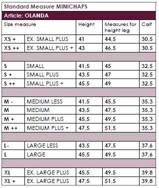 Secchiari Mini Chaps - Size Chart