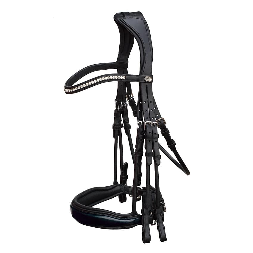 Schockemoehle Sports Anatomic Dressage Double Bridle with Rolled Leather "Venice" - Black Patent