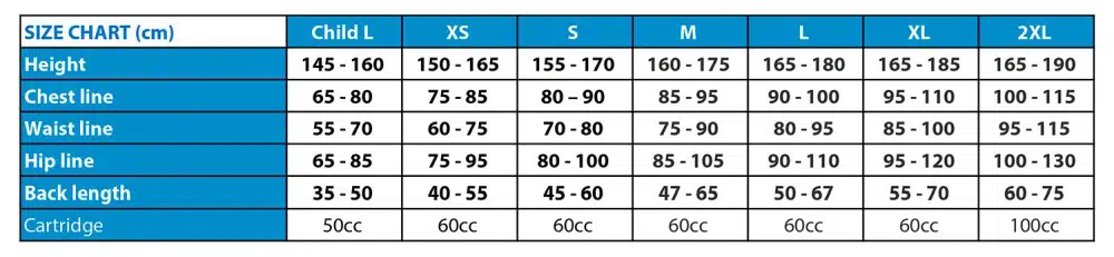 Size Chart Table for Helite Airbag ZipIn