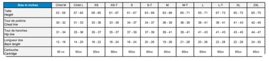 Helite Zip In 2 Airbag Size Chart (inches)