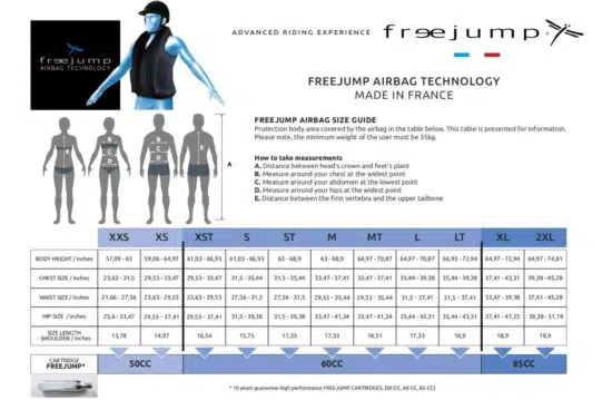 Freejump Airbag Safety Jacket Vest Size Chart in Inches