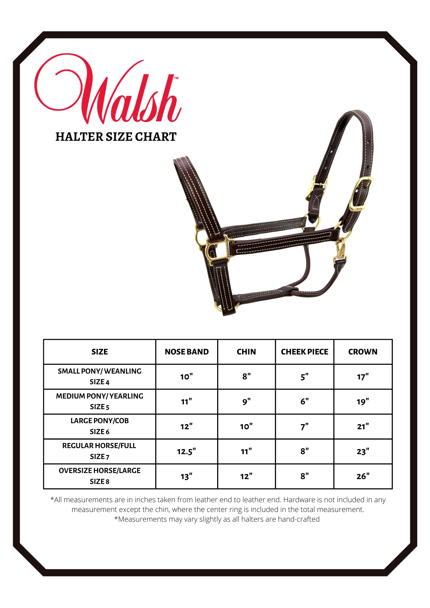 Walsh Halter - Size Chart