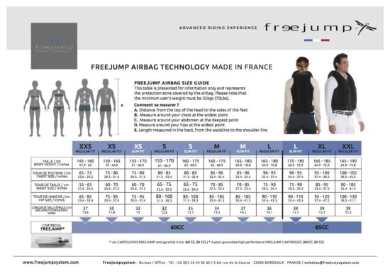 Freejump Airbag Vest 2021 NF Certified Size Chart