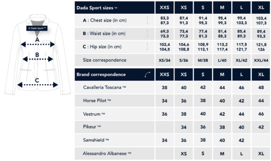 Dada Sport Show Jackets - Size Chart