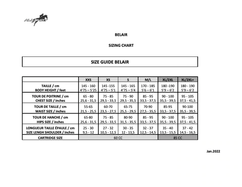 AllShot Belair Adult Equestrian Airbag Vest - Size Chart