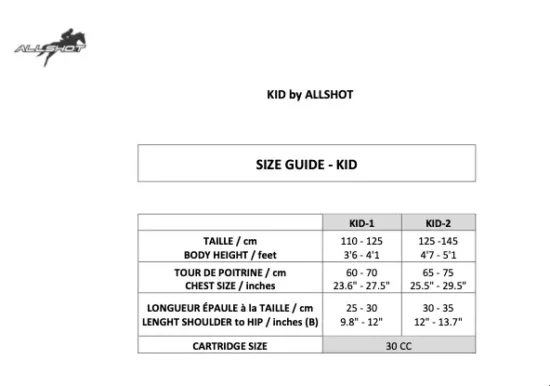 AllShot Safe Kid Airbag Vest Size Chart