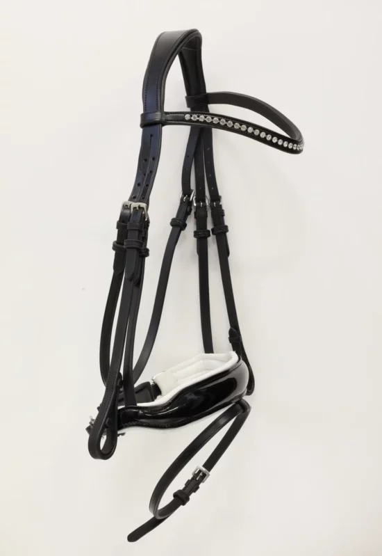 VRTACK Snaffle Dressage Bridle with Padded Crank "Delhi" - Black/White Patent