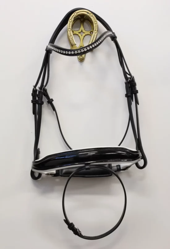 VRTACK Snaffle Dressage Bridle with Padded Crank "Delhi" - Black/White Patent