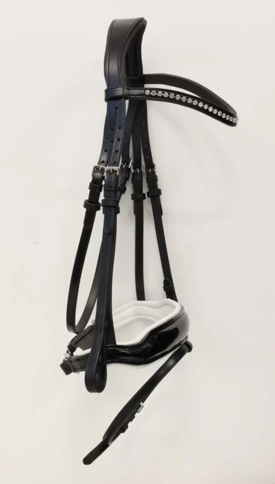 VRTACK Snaffle Dressage Bridle with Padded Crank "Delhi" - Black/White Patent