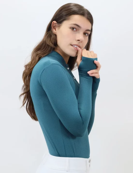 Kismet Schooling Shirt 3 button mock collar "Maeve" - Oceanic Teal